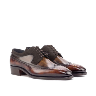 Ambrogio Bespoke Two-Tone Brown & Fire Orange Suede/ Patina Leather Wingtip Oxfords (AMB1822)