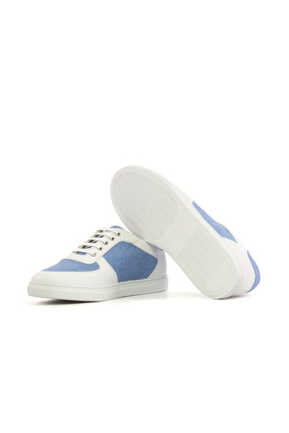 Ambrogio Bespoke White & Blue Linen / Leather Trainer Sneakers (AMB2474)-AmbrogioShoes