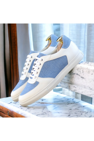 Ambrogio Bespoke White & Blue Linen / Leather Trainer Sneakers (AMB2474)-AmbrogioShoes