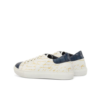 Ambrogio Bespoke White & Navy Crocodile Embossed / Leather Trainer Sneakers (AMB2238)