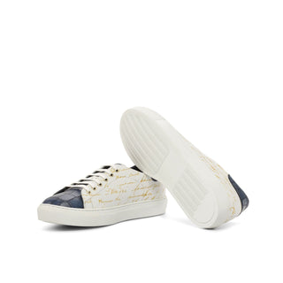 Ambrogio Bespoke White & Navy Crocodile Embossed / Leather Trainer Sneakers (AMB2238)
