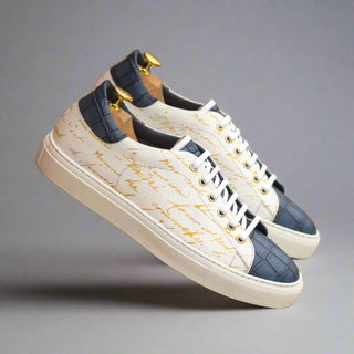 Ambrogio Bespoke White & Navy Crocodile Embossed / Leather Trainer Sneakers (AMB2238)