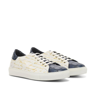 Ambrogio Bespoke White & Navy Crocodile Embossed / Leather Trainer Sneakers (AMB2238)