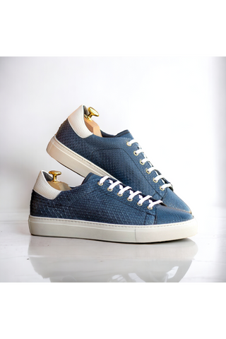 Ambrogio Bespoke White & Navy Python Trainer Sneakers (AMB2483)-AmbrogioShoes