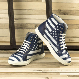 Ambrogio Bespoke White & Navy Stencil Leather High-Top Sneakers (AMB1732)