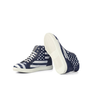 Ambrogio Bespoke White & Navy Stencil Leather High-Top Sneakers (AMB1732)