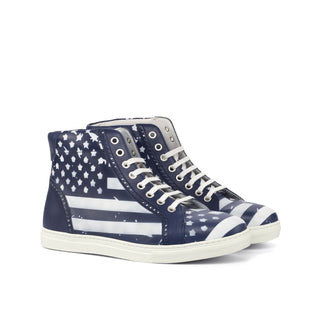 Ambrogio Bespoke White & Navy Stencil Leather High-Top Sneakers (AMB1732)