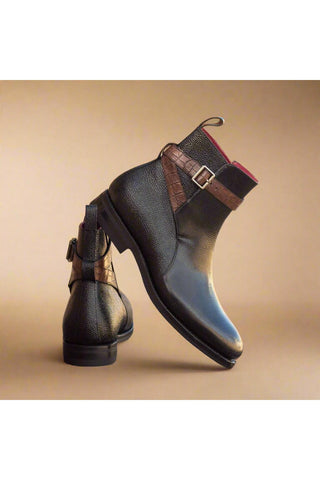 Ambrogio Black & Brown Crocodile Embossed / Pebble Grain / Calf-Skin Leather Jodhpur Boots (AMB1451)-AmbrogioShoes