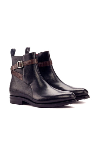 Ambrogio Black & Brown Crocodile Embossed / Pebble Grain / Calf-Skin Leather Jodhpur Boots (AMB1451)-AmbrogioShoes
