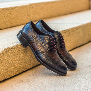 Ambrogio Black & Dark Brown Crocodile Embossed / Leather Brogue Oxfords (AMB2099)