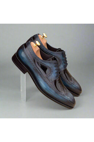 Ambrogio Black & Denim Blue Patent / Patina Leather Longwing Blucher Oxfords (AMB1381)