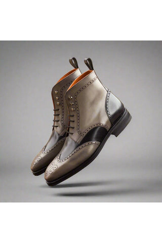 Ambrogio Black & Gray Leather Military Brogue Boots(AMB1401)-AmbrogioShoes