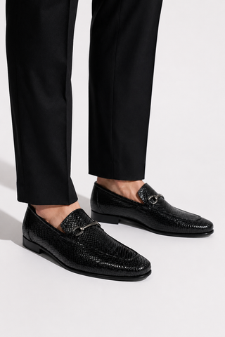 Ambrogio Black Snake Embossed Leather Horsebit Loafers (AMZ1015)-AmbrogioShoes