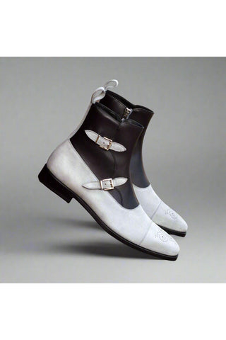 Ambrogio Black & White Suede / Leather Atticus Double Buckle Boots (AMB1392)-AmbrogioShoes