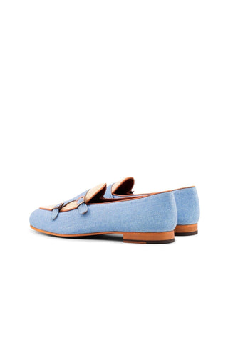 Ambrogio Blue & Beige Linen Fabric Monk Slipper Loafers (AMB1274)-AmbrogioShoes