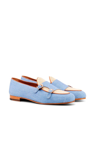 Ambrogio Blue & Beige Linen Fabric Monk Slipper Loafers (AMB1274)