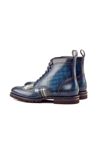 Ambrogio Blue Combination Fabric / Patina Leather Military Brogue Boots (AMB1410)-AmbrogioShoes