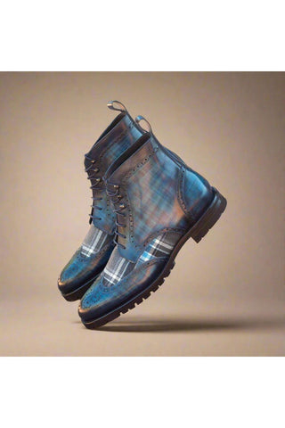 Ambrogio Blue Combination Fabric / Patina Leather Military Brogue Boots (AMB1410)-AmbrogioShoes