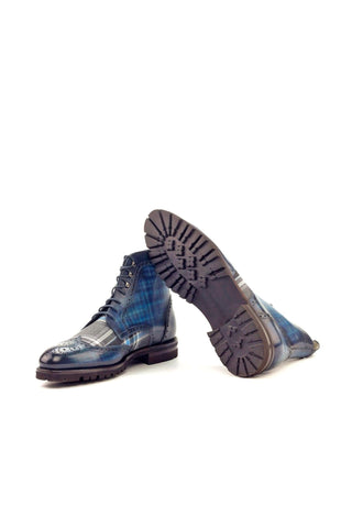 Ambrogio Blue Combination Fabric / Patina Leather Military Brogue Boots (AMB1410)
