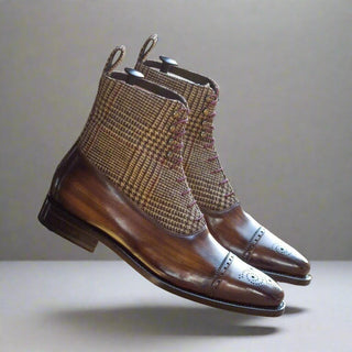 Ambrogio Brown & Beige Tweed Sartorial / Patina Leather Balmoral Boots(AMB1138)