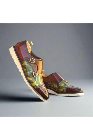 Ambrogio Brown / Burgundy / Green Patina Leather Monk-Straps Sneakers (AMB1251)