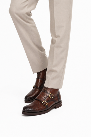 Ambrogio Brown Crocodile Embossed / Leather Monk-Straps Chukka Boots (AMBS2014-RTW)-AmbrogioShoes