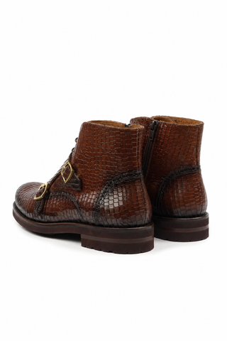 Ambrogio Brown Crocodile Print / Calf-Skin Leather Monk-Straps Chukka Boots (AMBS2014-RTW)-AmbrogioShoes
