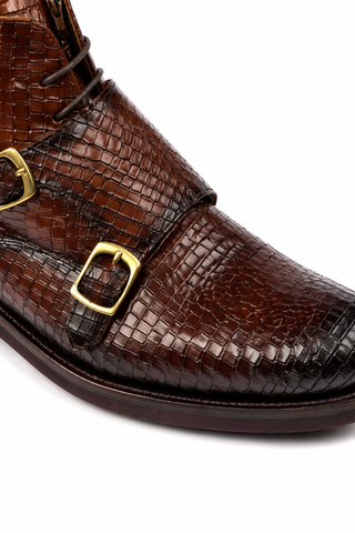 Ambrogio Brown Crocodile Print / Calf-Skin Leather Monk-Straps Chukka Boots (AMBS2014-RTW)-AmbrogioShoes