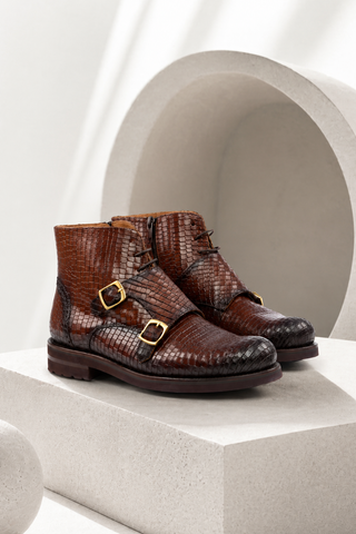 Ambrogio Brown Crocodile Print / Calf-Skin Leather Monk-Straps Chukka Boots (AMBS2014-RTW)-AmbrogioShoes