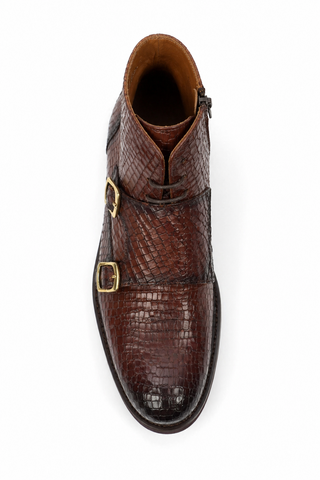 Ambrogio Brown Crocodile Print / Calf-Skin Leather Monk-Straps Chukka Boots (AMBS2014-RTW)-AmbrogioShoes