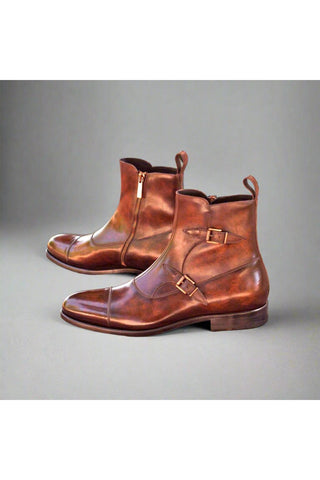 Ambrogio Brown Patina Leather Atticus Double Boots (AMB1254)-AmbrogioShoes