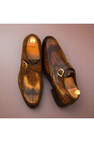 Ambrogio Brown Patina Leather Monk-Straps Loafers (AMB1057)-AmbrogioShoes