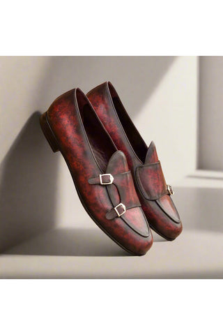 Ambrogio Burgundy Patina Leather Monk Slipper Loafers (AMB1265)-AmbrogioShoes