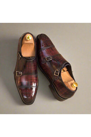 Ambrogio Burgundy Patina Leather Monk-Straps Loafers (AMB1373)-AmbrogioShoes