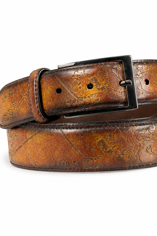 Ambrogio Cartography Fire Patina Leather Hampton Men's Belt (AMBB1048)-AmbrogioShoes