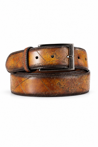 Ambrogio Cartography Fire Patina Leather Hampton Men's Belt (AMBB1048)-AmbrogioShoes