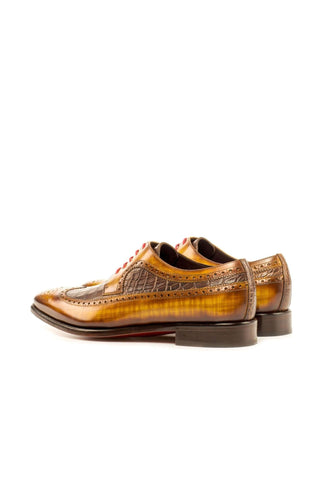 Ambrogio Cognac & Brown Crocodile Embossed / Patina Leather Longwing Blucher Oxfords (AMB1376)-AmbrogioShoes