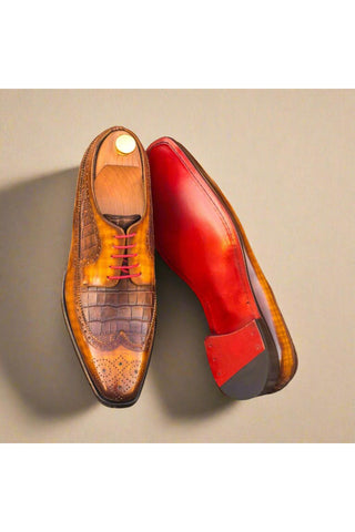 Ambrogio Cognac & Brown Crocodile Embossed / Patina Leather Longwing Blucher Oxfords (AMB1376)-AmbrogioShoes
