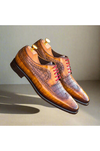 Ambrogio Cognac & Brown Crocodile Embossed / Patina Leather Longwing Blucher Oxfords (AMB1376)-AmbrogioShoes