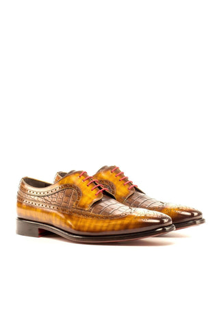 Ambrogio Cognac & Brown Crocodile Embossed / Patina Leather Longwing Blucher Oxfords (AMB1376)-AmbrogioShoes