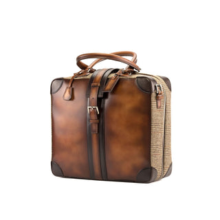 Ambrogio Cognac & Brown Tweed Sartorial Fabric / Full Grain Leather Travel Tote Bag (AMBH1027)-AmbrogioShoes