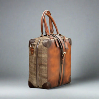 Ambrogio Cognac & Brown Tweed Sartorial Fabric / Full Grain Leather Travel Tote Bag (AMBH1027)-AmbrogioShoes