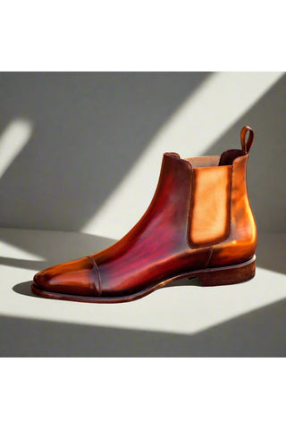 Ambrogio Cognac & Burgundy Crust Patina Leather Cap-Toe Chelsea Boots (AMB1029)-AmbrogioShoes