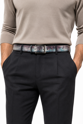 Ambrogio Cygnus Cezzane Blue & Purple Patina Leather Hampton Men's Belt (AMBB1049)-AmbrogioShoes