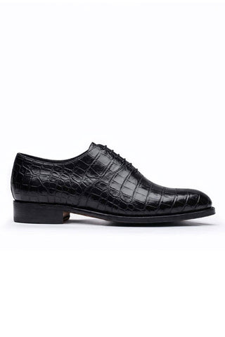 Black Ambrogio "Cyrus" Alligator Wholecut Oxford dress shoe with natural scale pattern and sleek, uninterrupted design.
