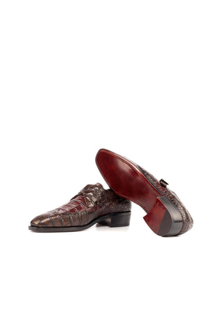 Ambrogio Dark Brown & Burgundy Crocodile Embossed / Calf-Skin Leather Monk Strap (AMB1807)-AmbrogioShoes