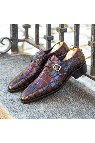 Ambrogio Dark Brown & Burgundy Crocodile Embossed / Calf-Skin Leather Monk Strap (AMB1807)-AmbrogioShoes