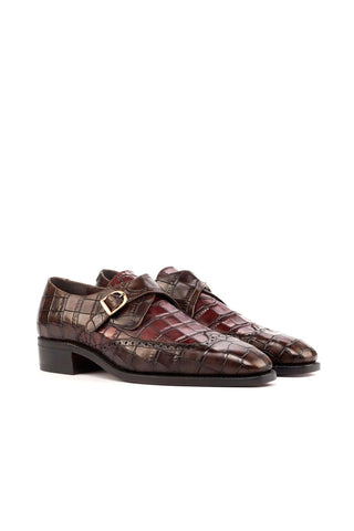 Ambrogio Dark Brown & Burgundy Crocodile Embossed / Calf-Skin Leather Monk Strap (AMB1807)-AmbrogioShoes
