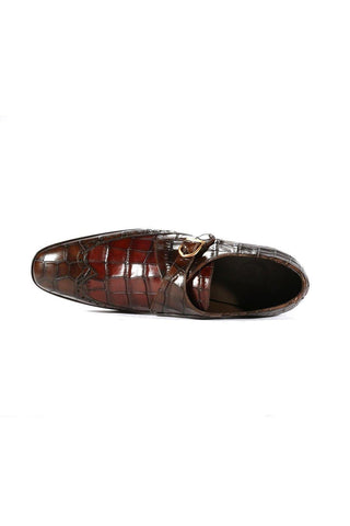 Ambrogio Dark Brown & Burgundy Crocodile Embossed / Calf-Skin Leather Monk Strap (AMBX1001)-AmbrogioShoes