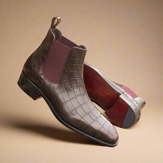 Ambrogio Dark Brown & Burgundy Crocodile Embossed / Leather Chelsea Boots (AMB2082)